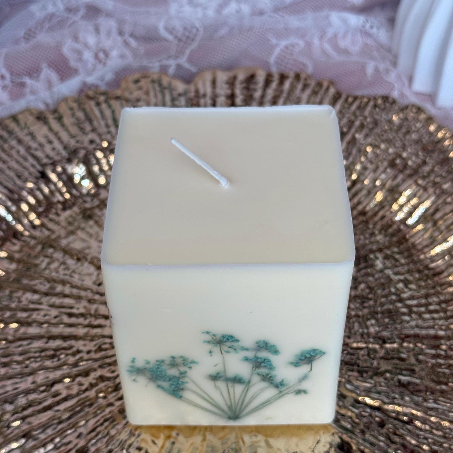 Pressed 3-inch Flower Candle: Queen Anne's Lace Botanical Pillar Candle