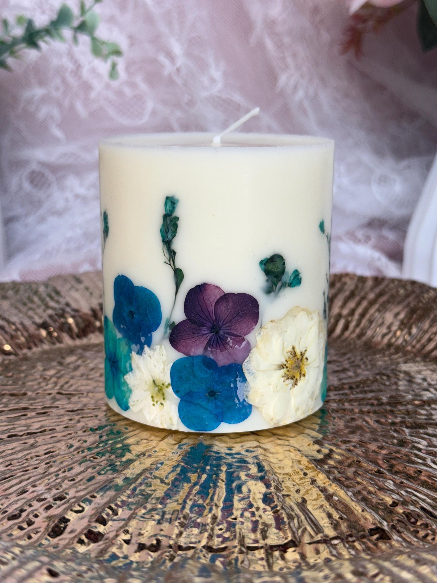 Pressed 3-inch Flower Pillar Candle: Teal, Blue & Purple Botanical Candle