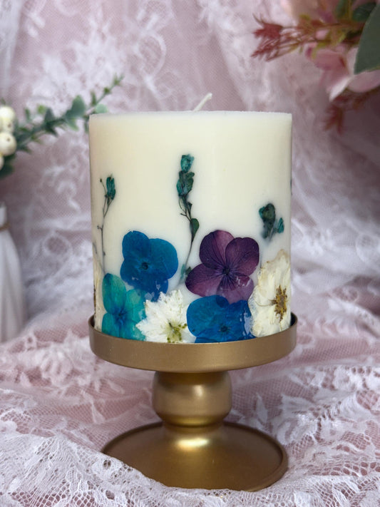 Pressed 3-inch Flower Pillar Candle: Teal, Blue & Purple Botanical Candle