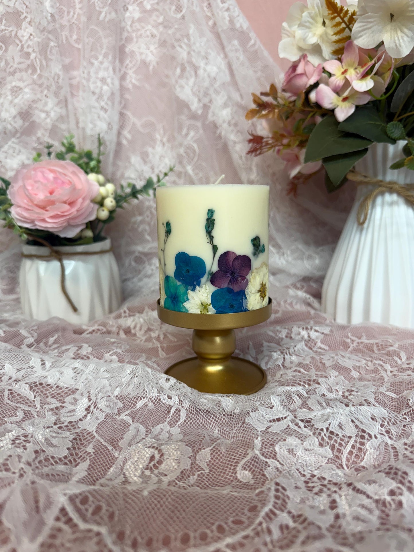 Pressed 3-inch Flower Pillar Candle: Teal, Blue & Purple Botanical Candle