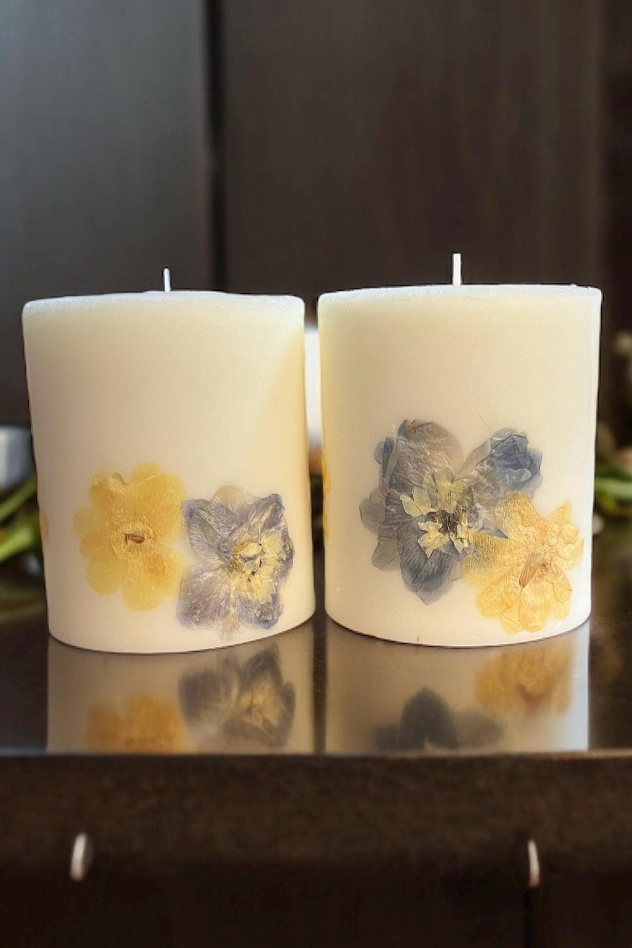 Custom Botanical Pillar Candle: Real Pressed Flowers, Blue/Yellow.