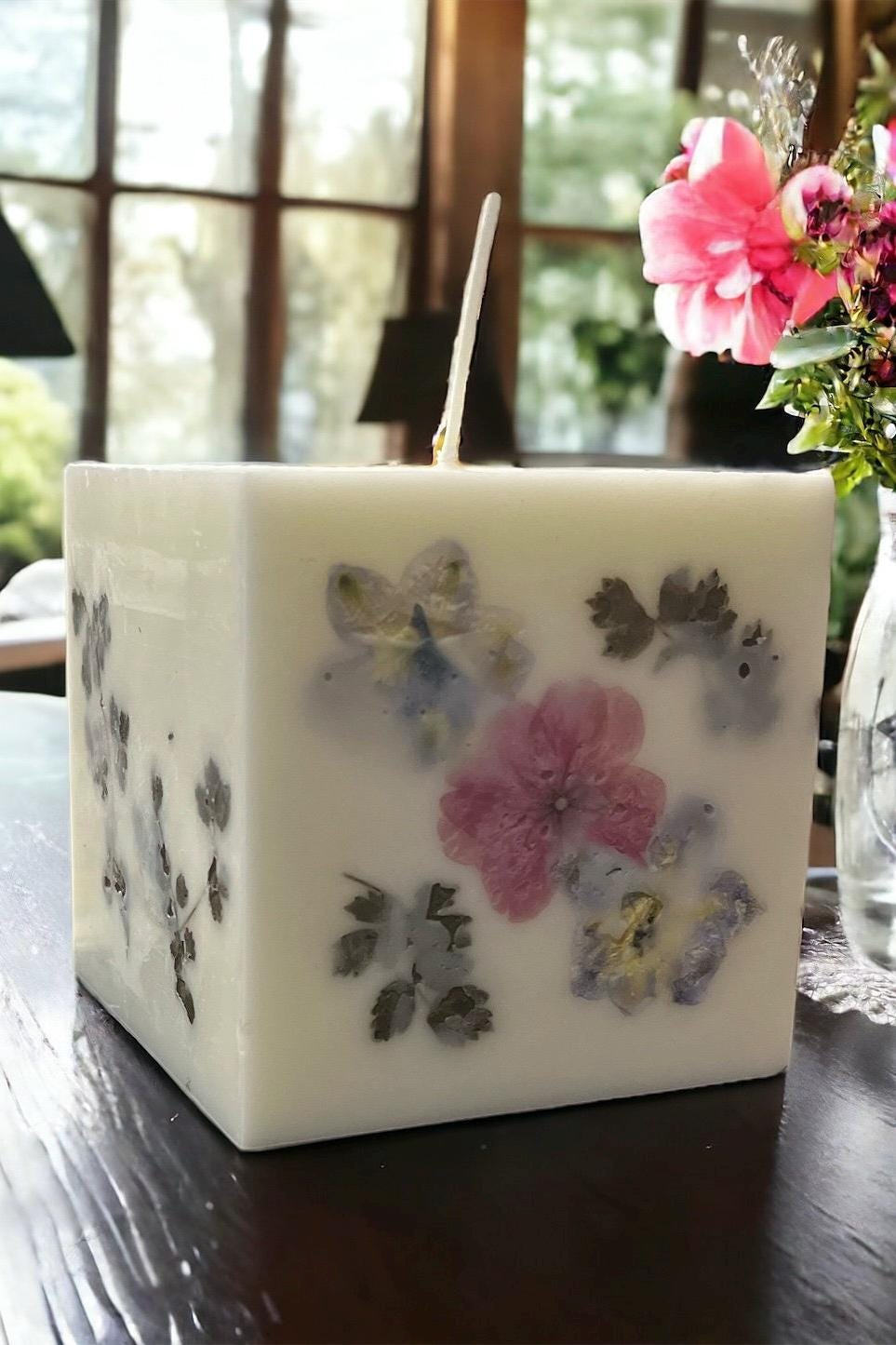Cherry Blossom Botanical Candle: Hand Pressed Flower, 4" Square.