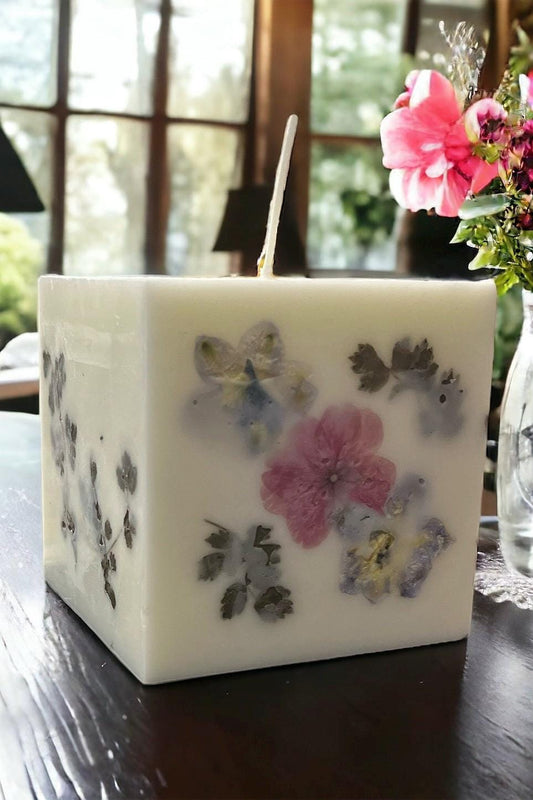 Cherry Blossom Botanical Candle: Hand Pressed Flower, 4" Square.
