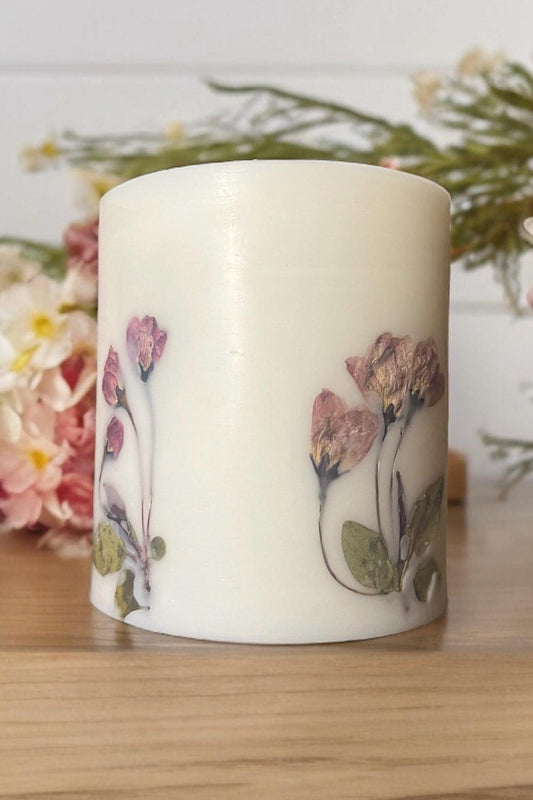 Botanical Pillar Candle: Begonia Pressed Flowers, Scented Candle