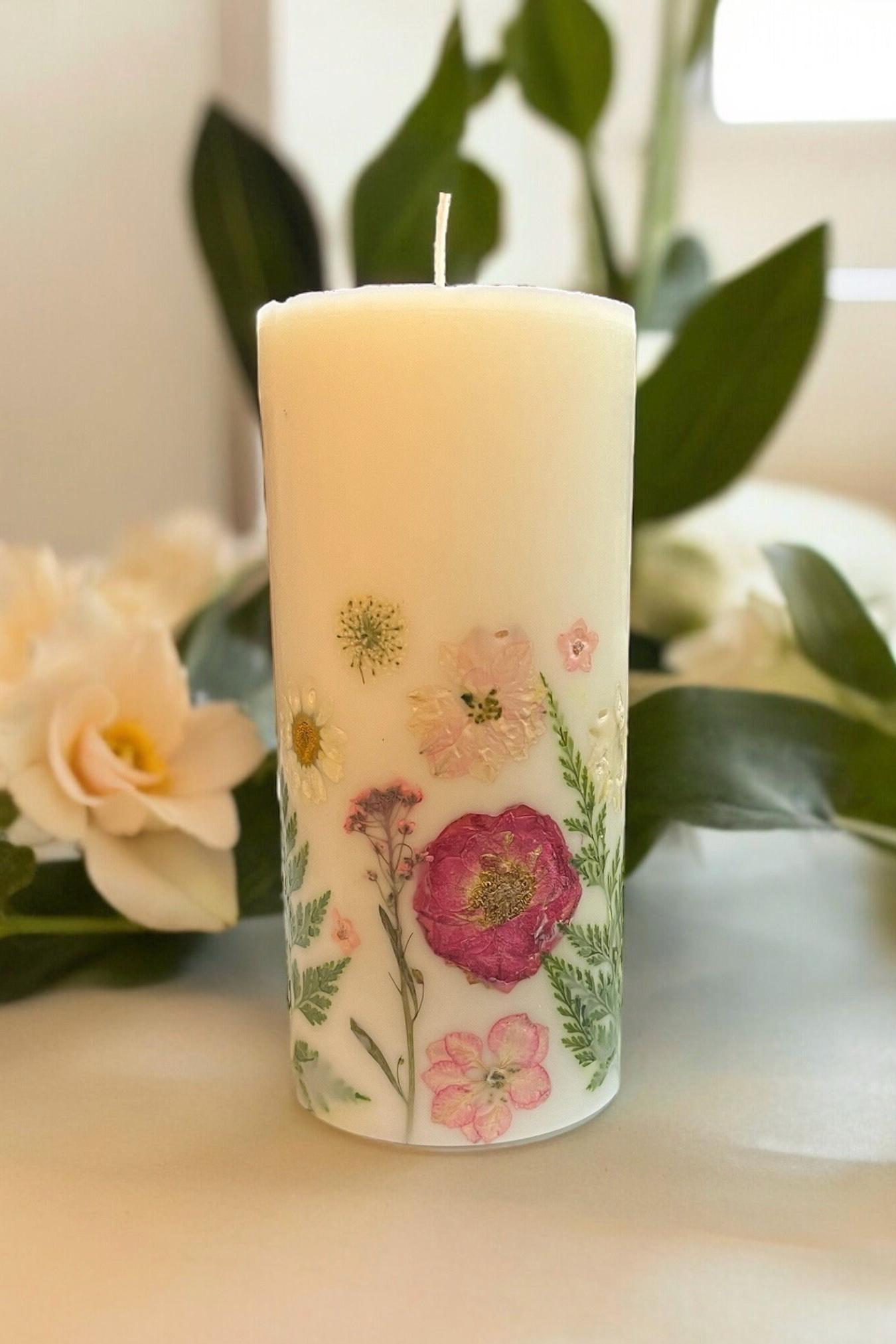 Pressed Flower Pillar Candle: Handmade Botanical Decor (3.5" x 6.5").