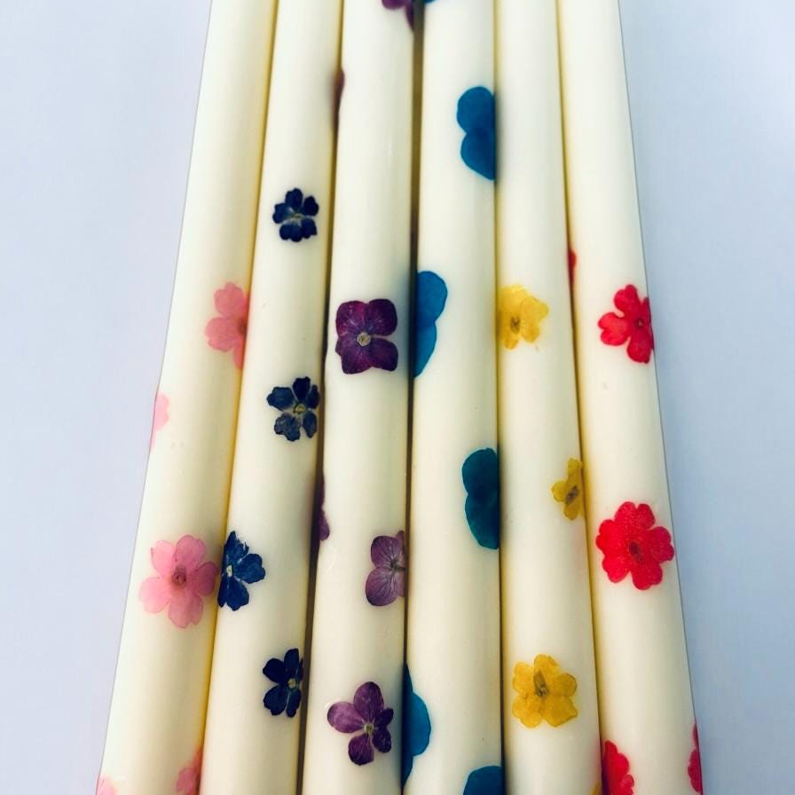 Handmade Pressed Flower Taper Candles: Botanical Wedding Decor, 12 Inch