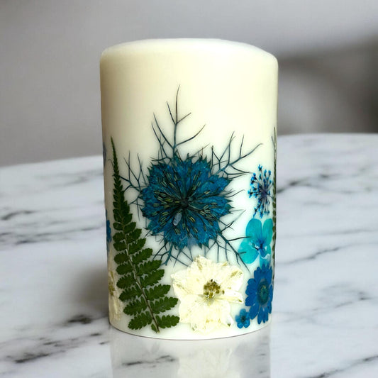 Pressed Flower Pillar Candle: 4.5 Inch Handmade Botanical Candle.