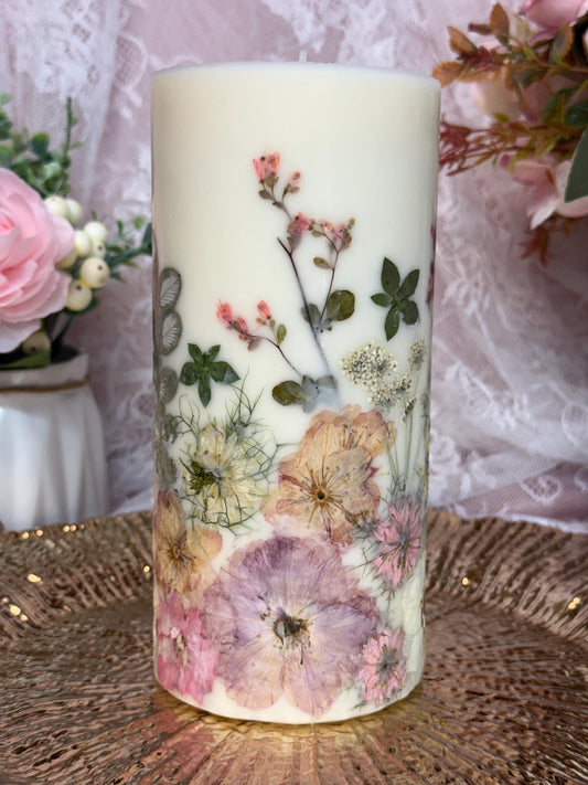 Pink/Cream 3.5-inch x 7-inch Pressed Flower Pillar Candle: 7" Botanical Soy Wax Candle