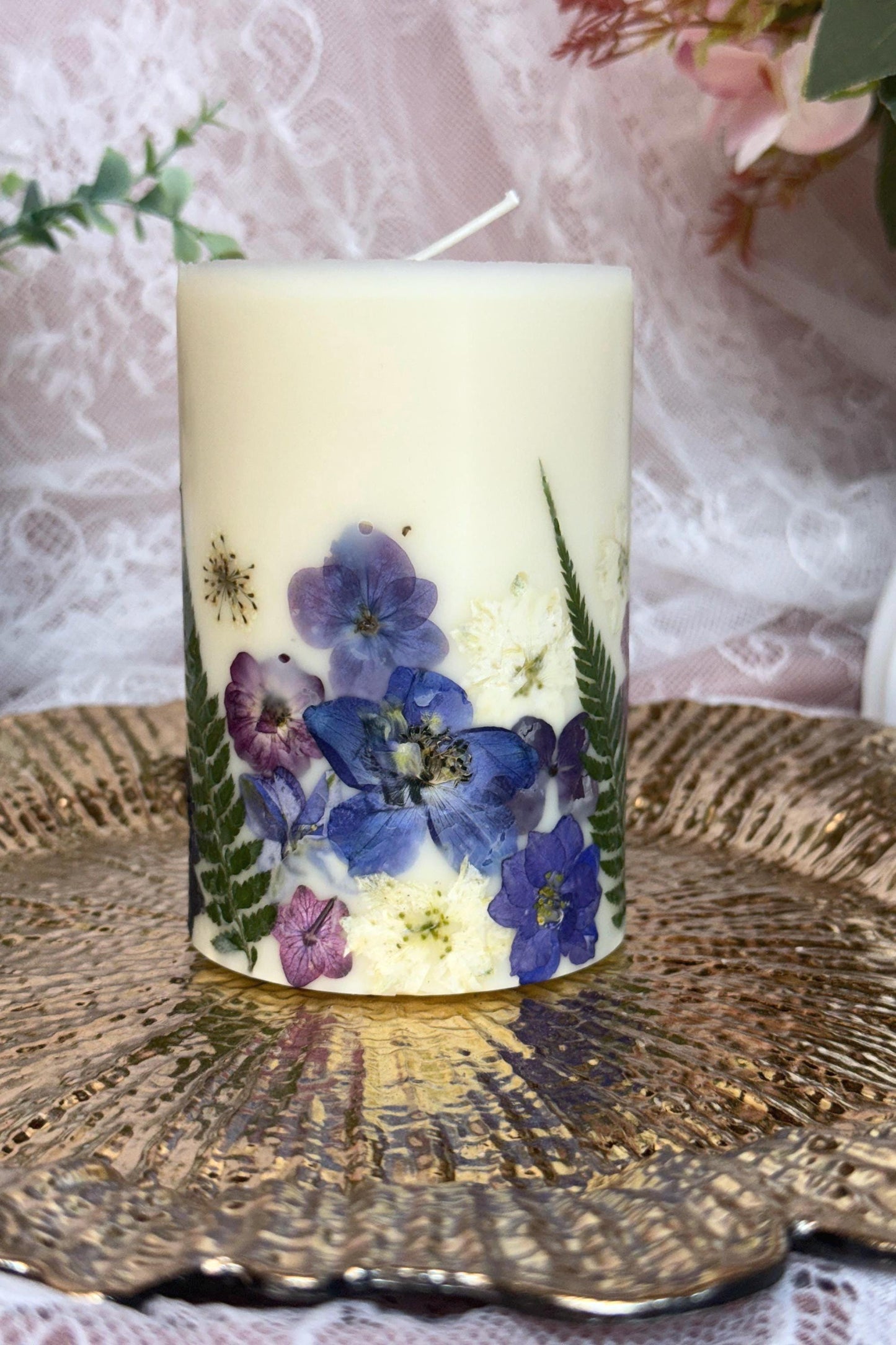 Handmade Purple/Violet Pressed Flower Pillar Candle: Botanical Soy Wax Candle