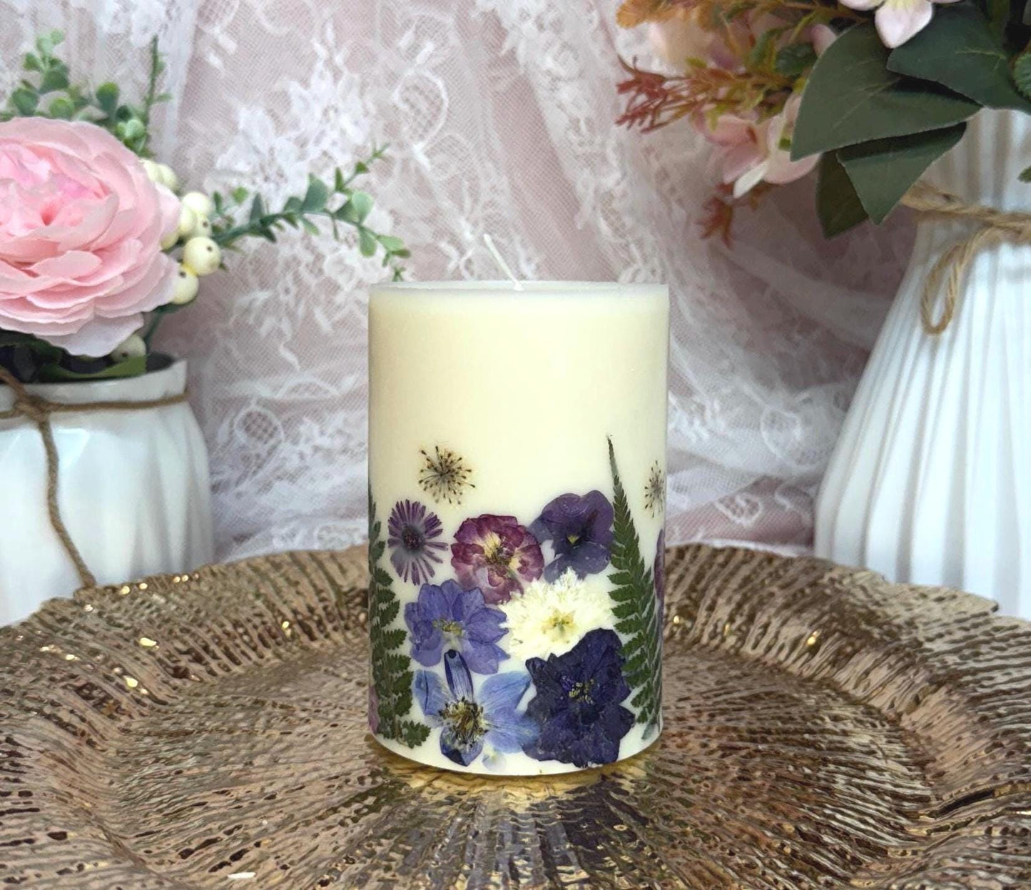 Handmade Purple/Violet Pressed Flower Pillar Candle: Botanical Soy Wax Candle
