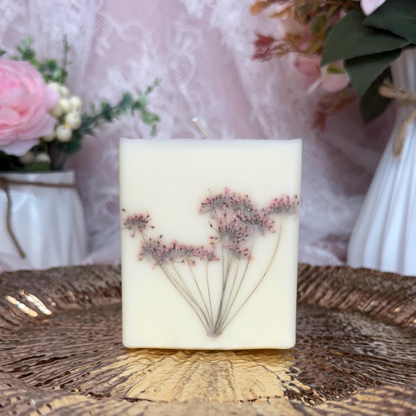 Pressed 3-inch Flower Candle: Queen Anne's Lace Botanical Pillar Candle