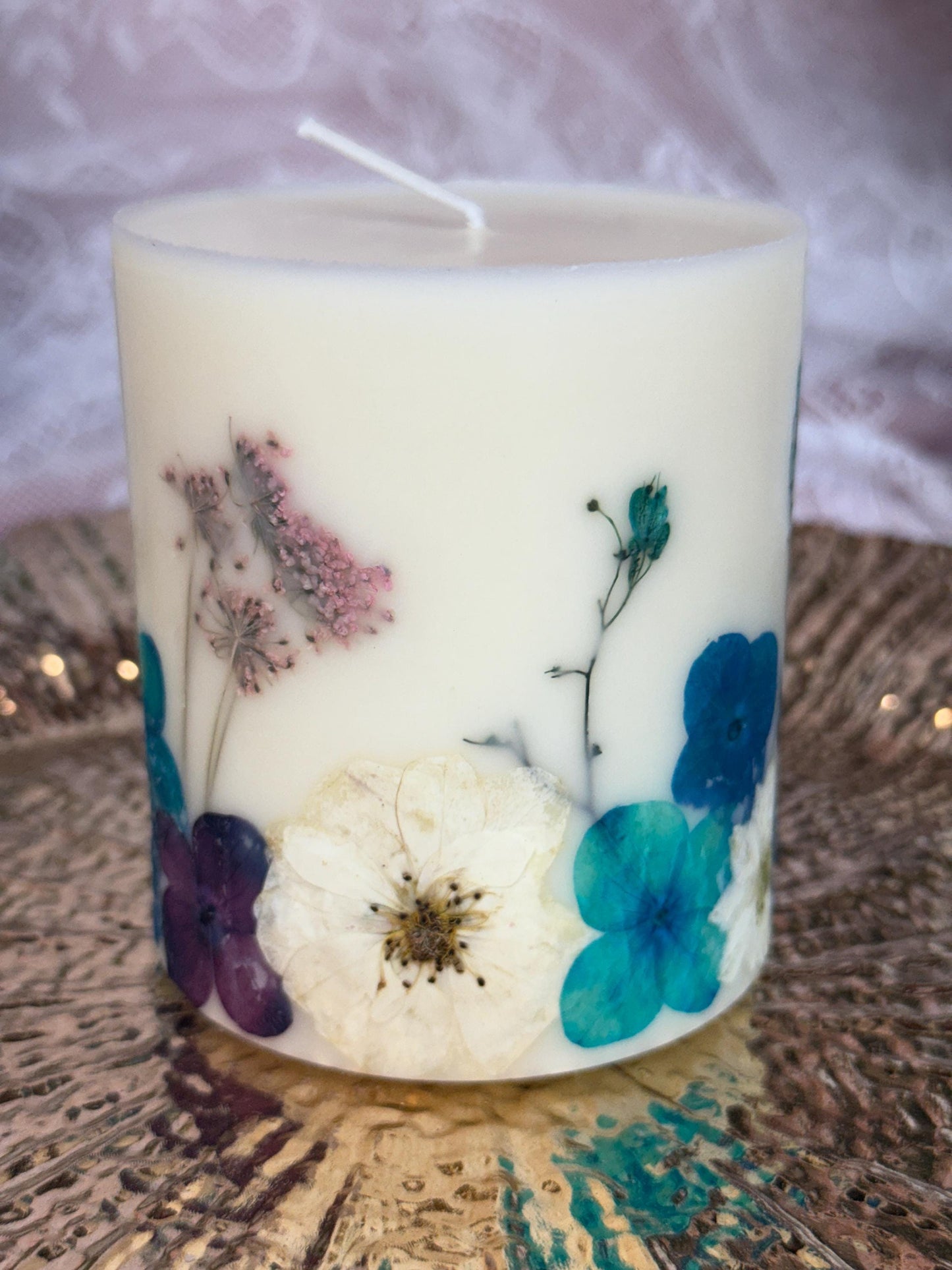 Pressed 3-inch Flower Pillar Candle: Teal, Blue & Purple Botanical Candle
