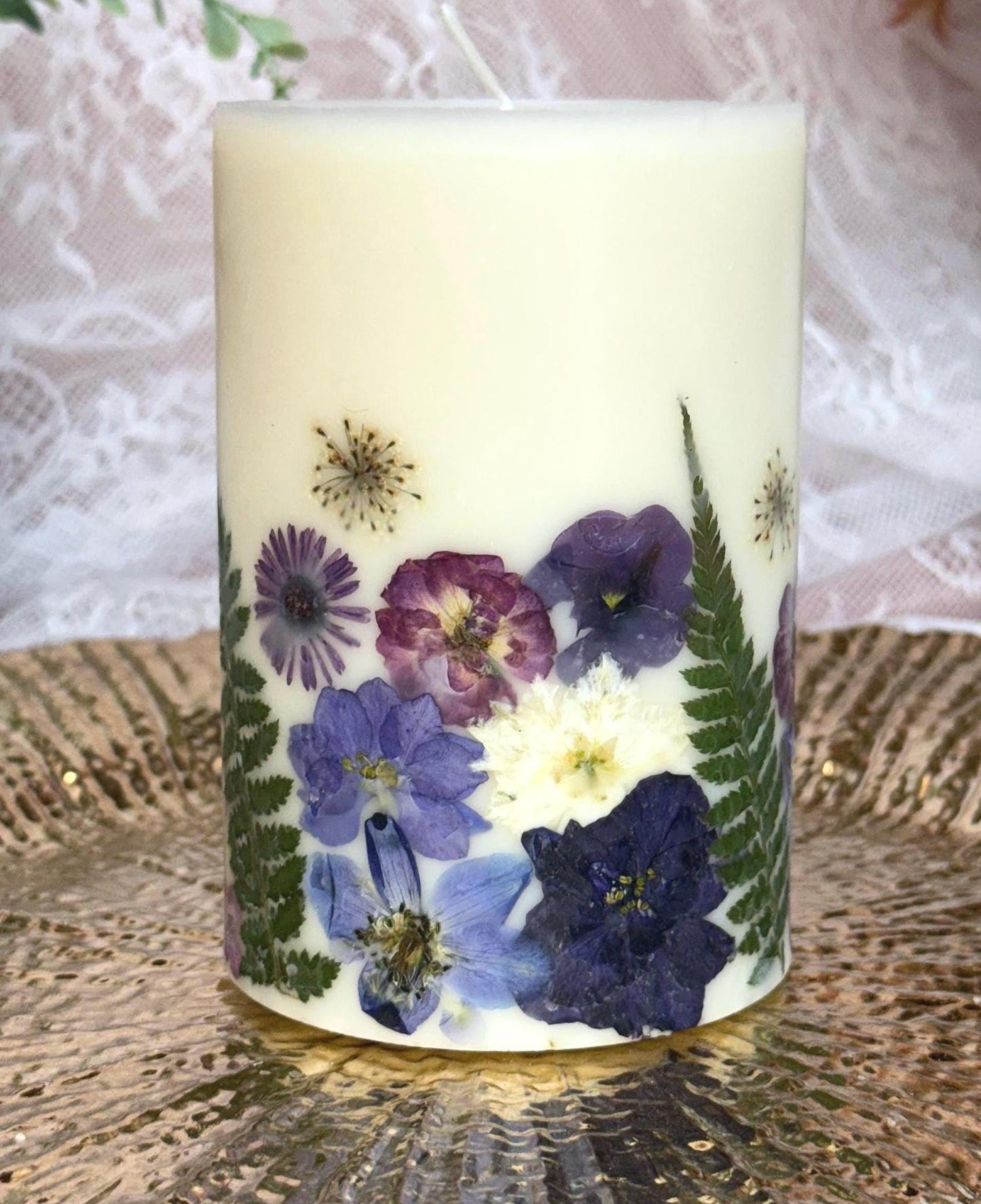 Handmade Purple/Violet Pressed Flower Pillar Candle: Botanical Soy Wax Candle