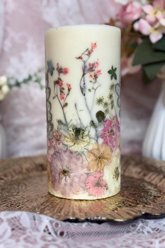 Pink/Cream 3.5-inch x 7-inch Pressed Flower Pillar Candle: 7" Botanical Soy Wax Candle