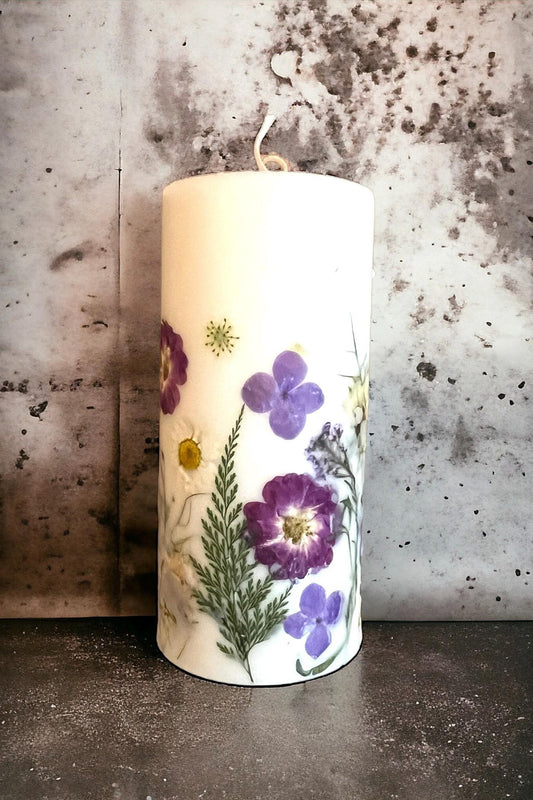 Purple Red Handmade Decorative Botanical Pillar Candles with Real Pressed Flowers. Candle w Dried Flowers, Custom Candles Made to Order. Gif