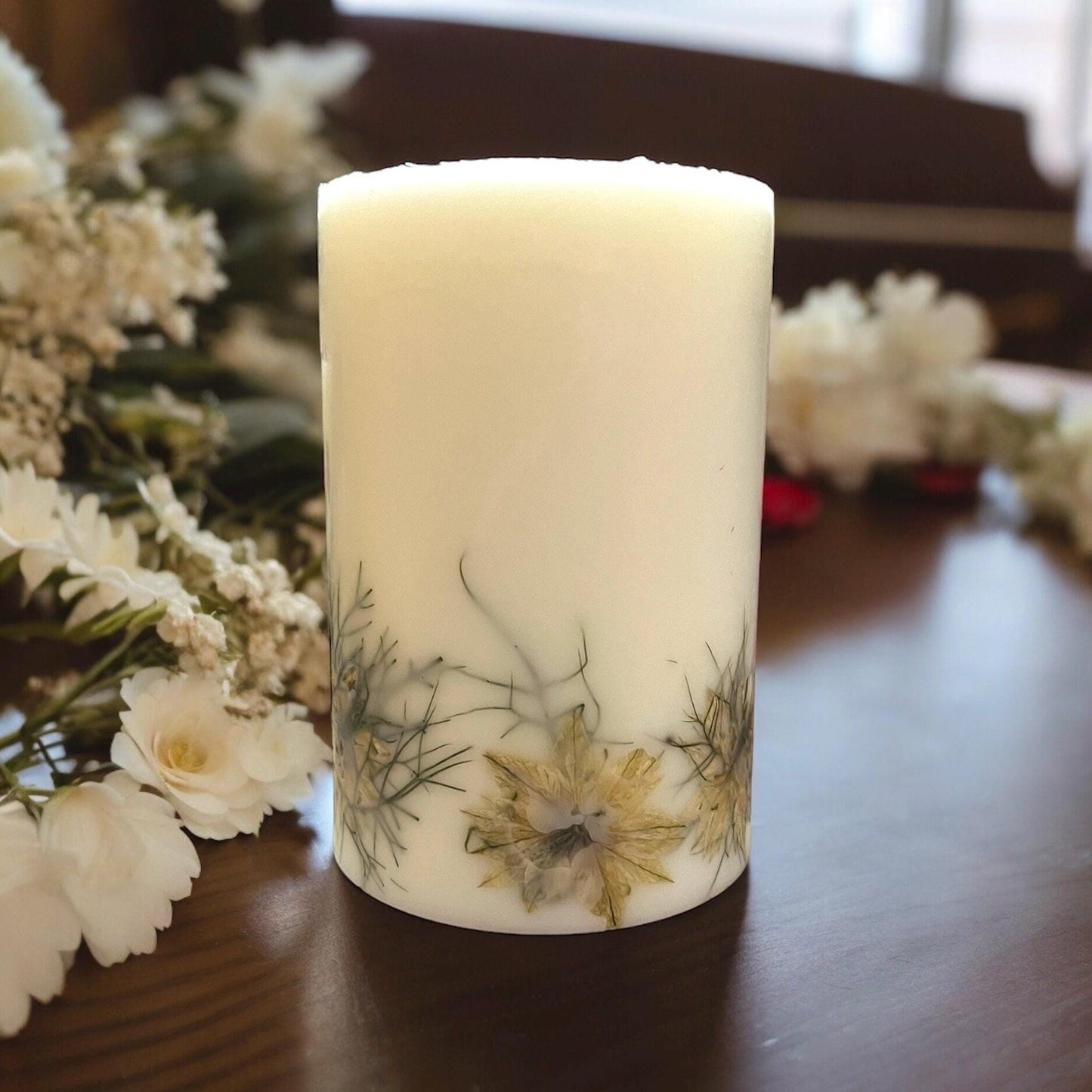 Pressed Nigella Flower Pillar Candle: Botanical Decor.