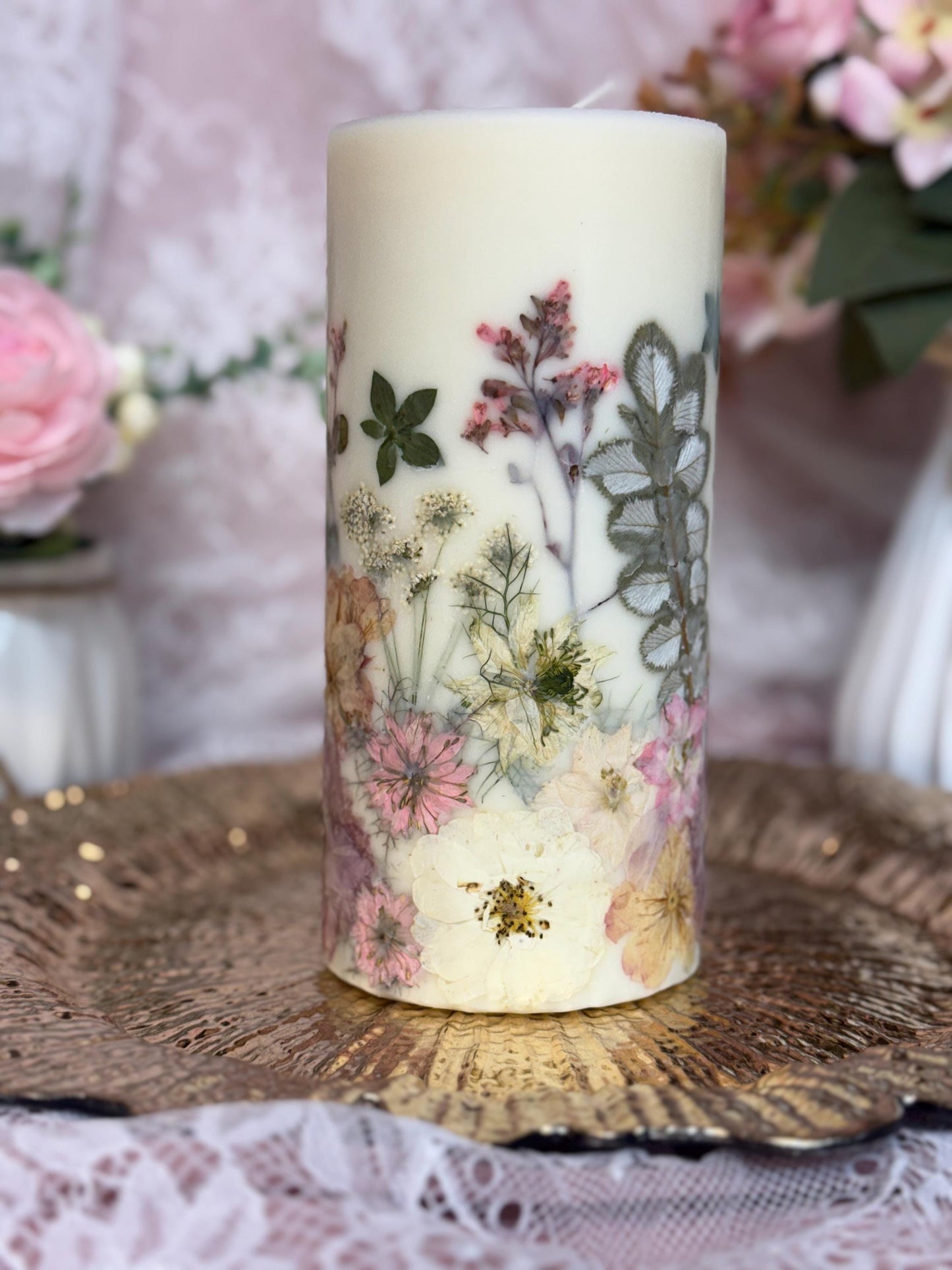 Pink/Cream 3.5-inch x 7-inch Pressed Flower Pillar Candle: 7" Botanical Soy Wax Candle