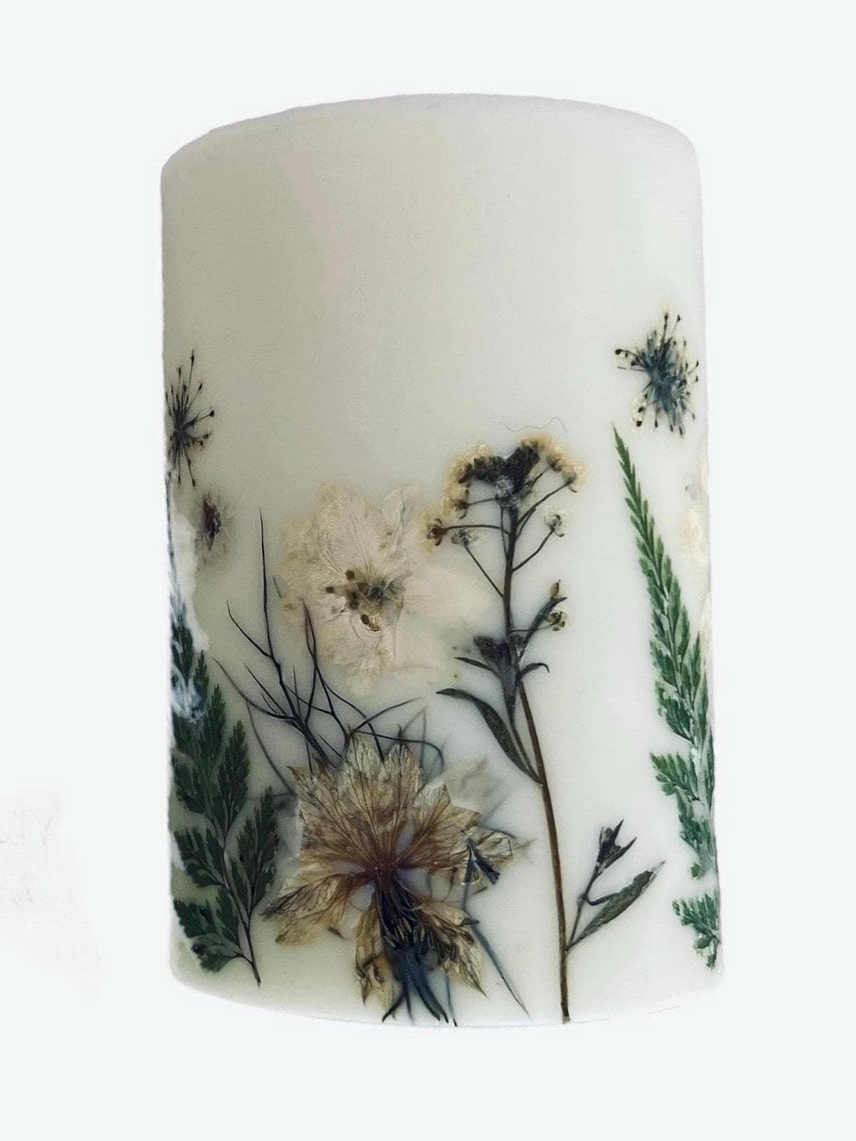 Handmade Pressed Flower Candle: Botanical Soy Wax Pillar (4.5").