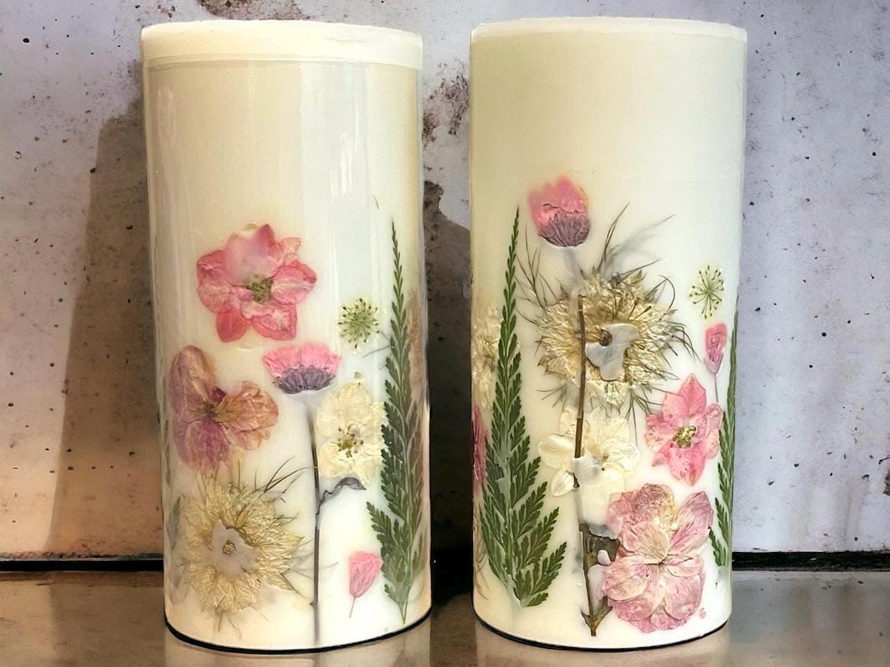Handmade 3.5"x6.5" Pink and Cream Decorative Botanical Pillar Candles with Real Pressed Flowers. Candle w Dried Flowers, Custom Candles Made