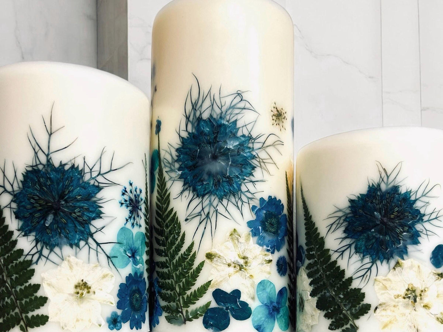 Blue Pressed Flower Handmade Decorative Botanical Pillar Candles with Real Pressed Flowers. Candle w Dried Flowers, Custom Candles