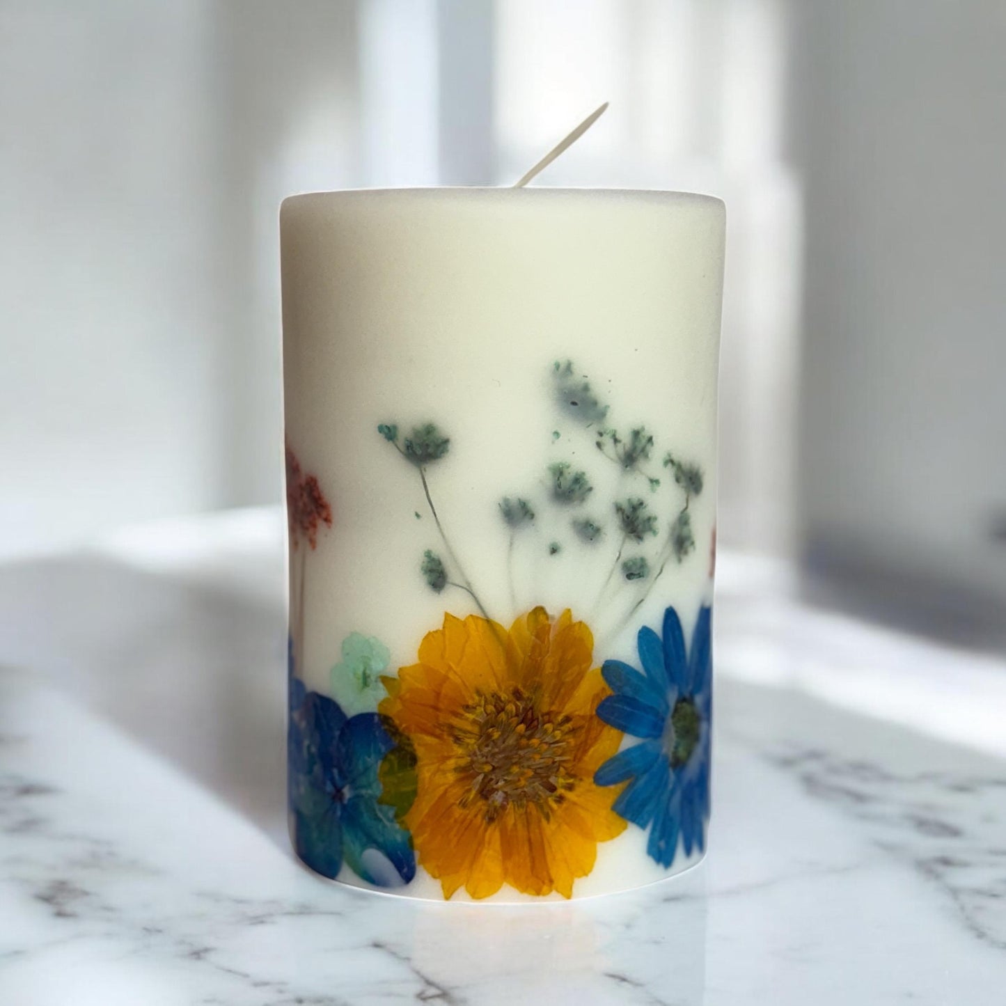 Pressed Flower Pillar Candle, Real Dried Flowers, Botanical Candle 3” x 4.5”