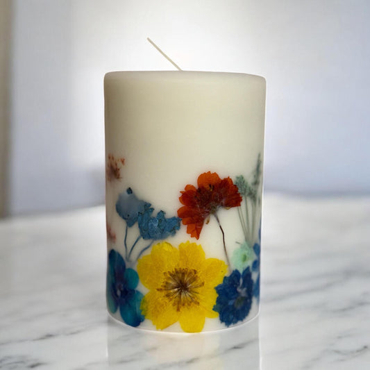 Pressed Flower Pillar Candle, Real Dried Flowers, Botanical Candle 3” x 4.5”