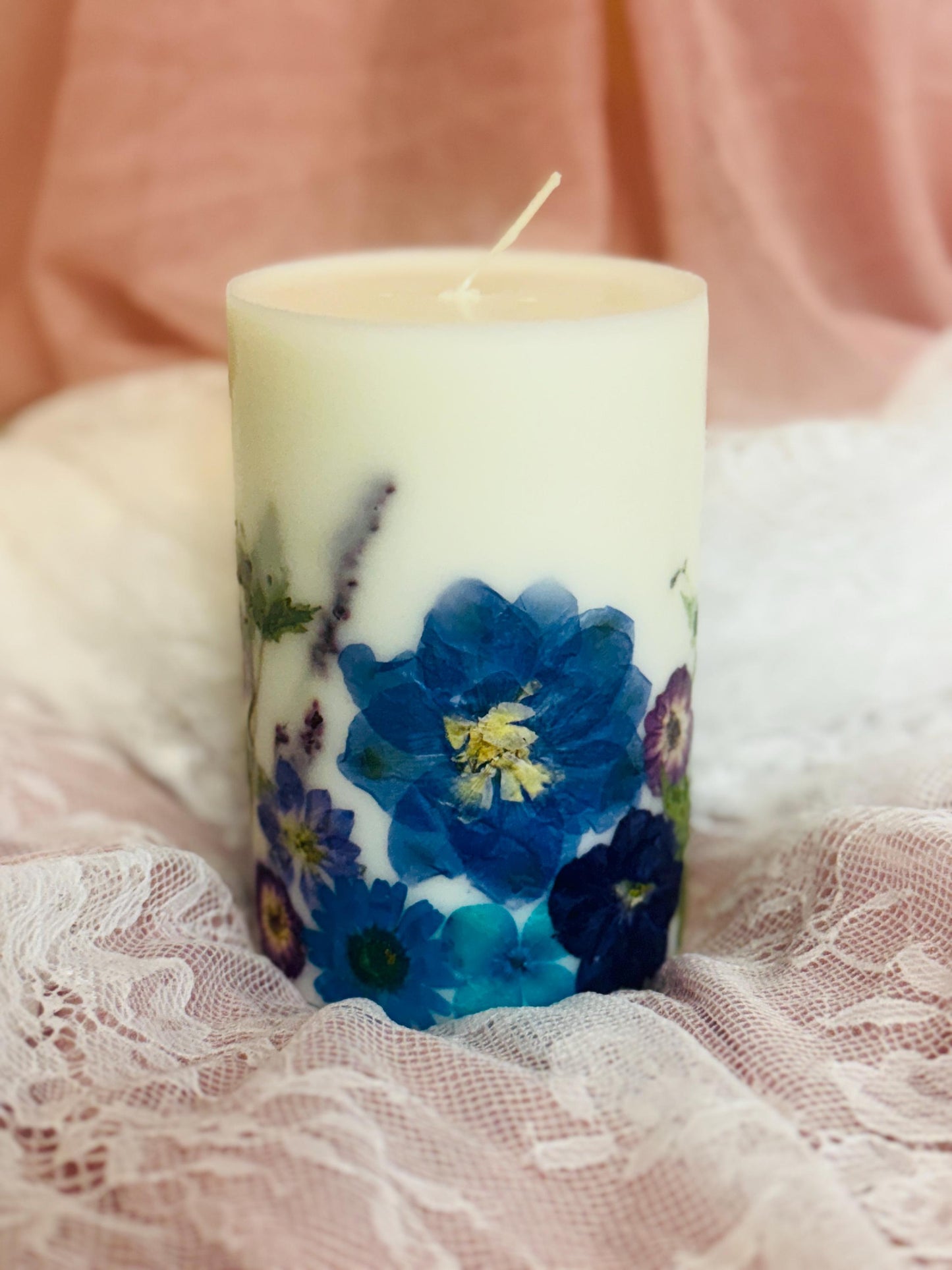 Pressed Flower Pillar Candle: Purple, Blue & Teal Botanical Candle.