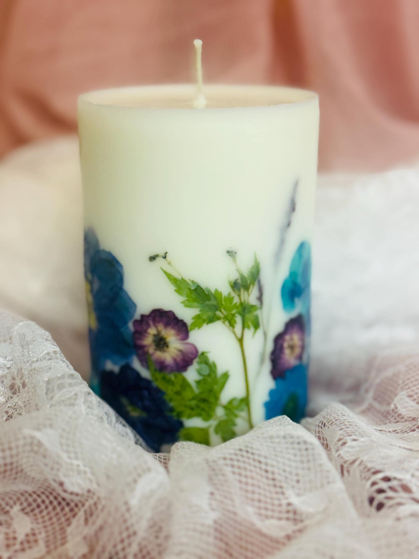 Pressed Flower Pillar Candle: Purple, Blue & Teal Botanical Candle.