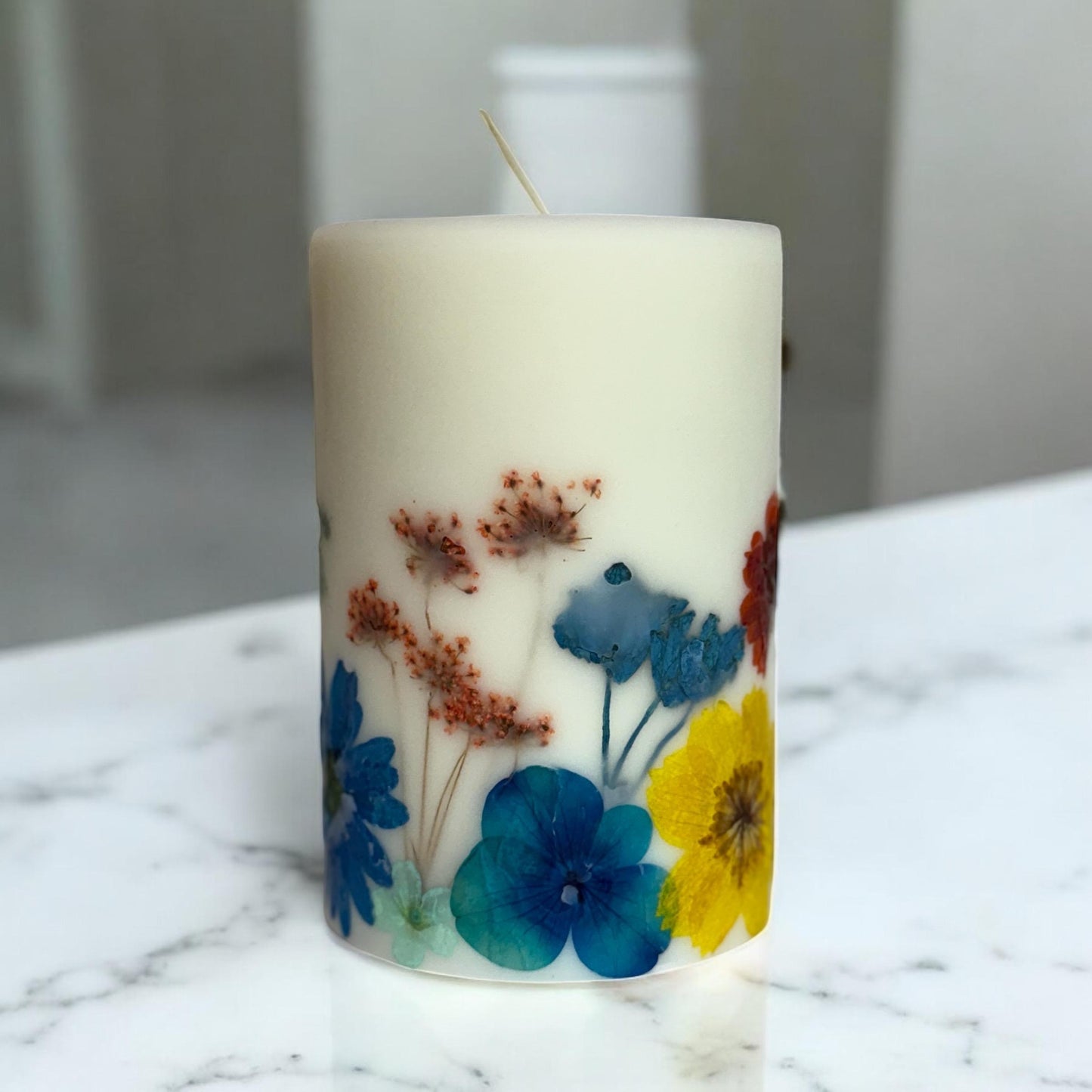 Pressed Flower Pillar Candle, Real Dried Flowers, Botanical Candle 3” x 4.5”