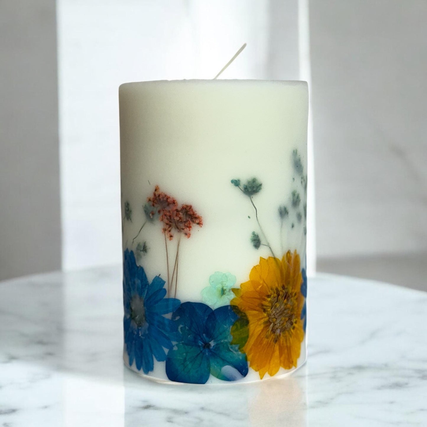 Pressed Flower Pillar Candle, Real Dried Flowers, Botanical Candle 3” x 4.5”