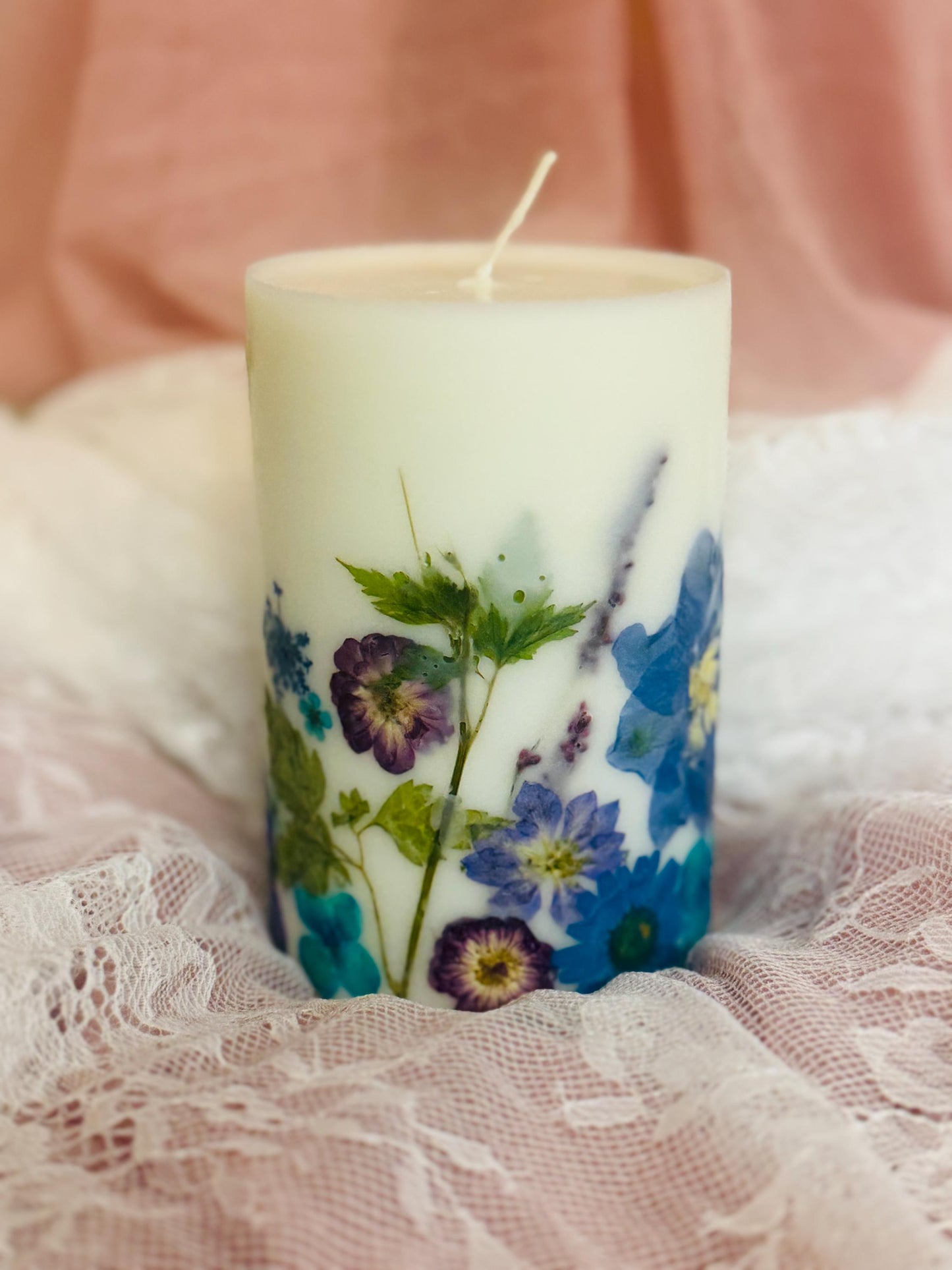 Pressed Flower Pillar Candle: Purple, Blue & Teal Botanical Candle.