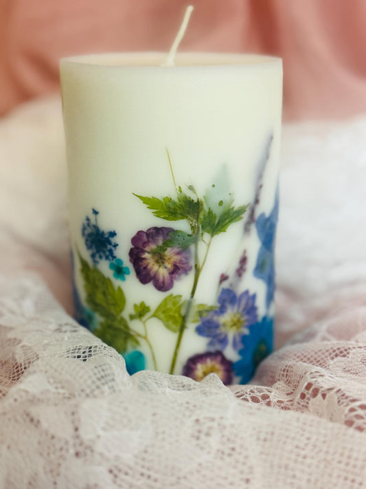 Pressed Flower Pillar Candle: Purple, Blue & Teal Botanical Candle.
