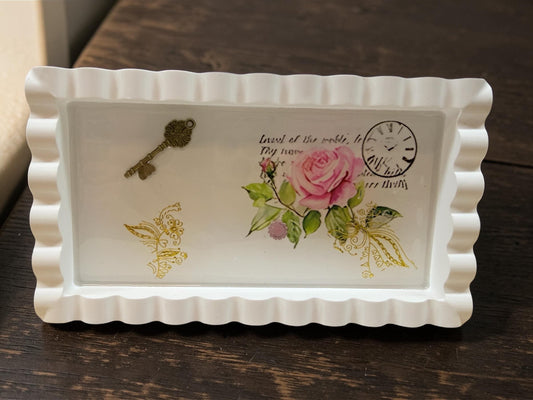 Pressed Flower Ecoresin Tray, White Floral Vanity Decor