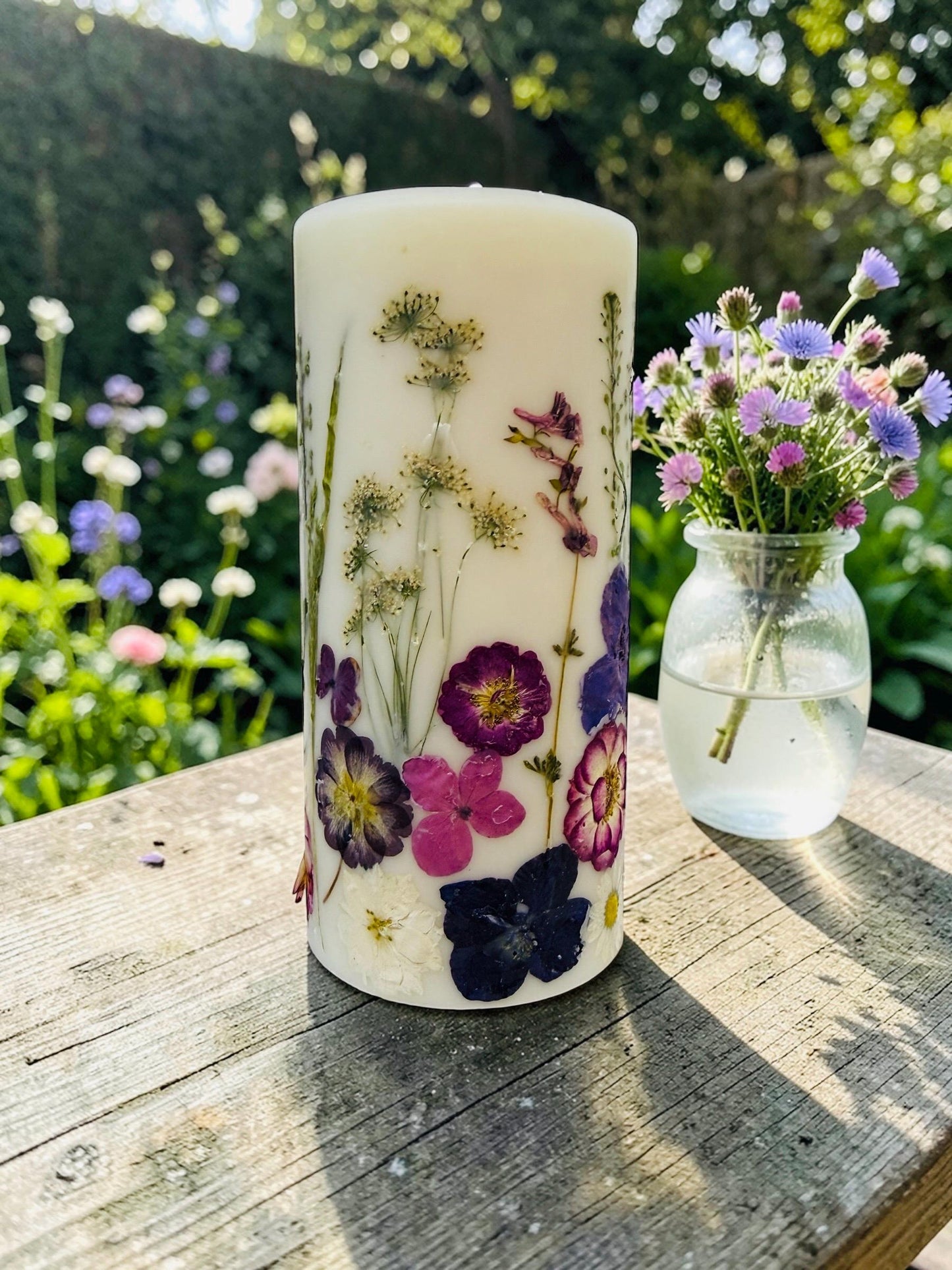Spring Botanical Pillar Candles, Real Pressed Flowers, Decorative Home Decor PINK PURPLE YELLOW