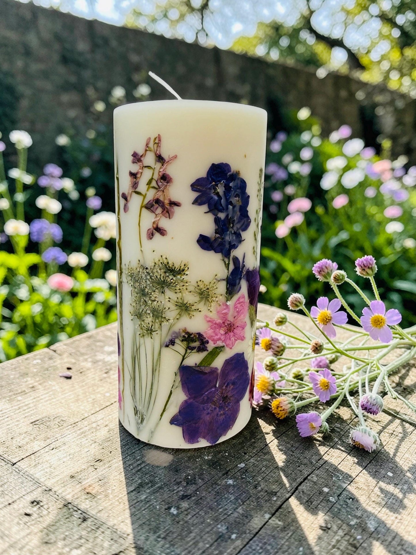 Spring Botanical Pillar Candles, Real Pressed Flowers, Decorative Home Decor PINK PURPLE YELLOW
