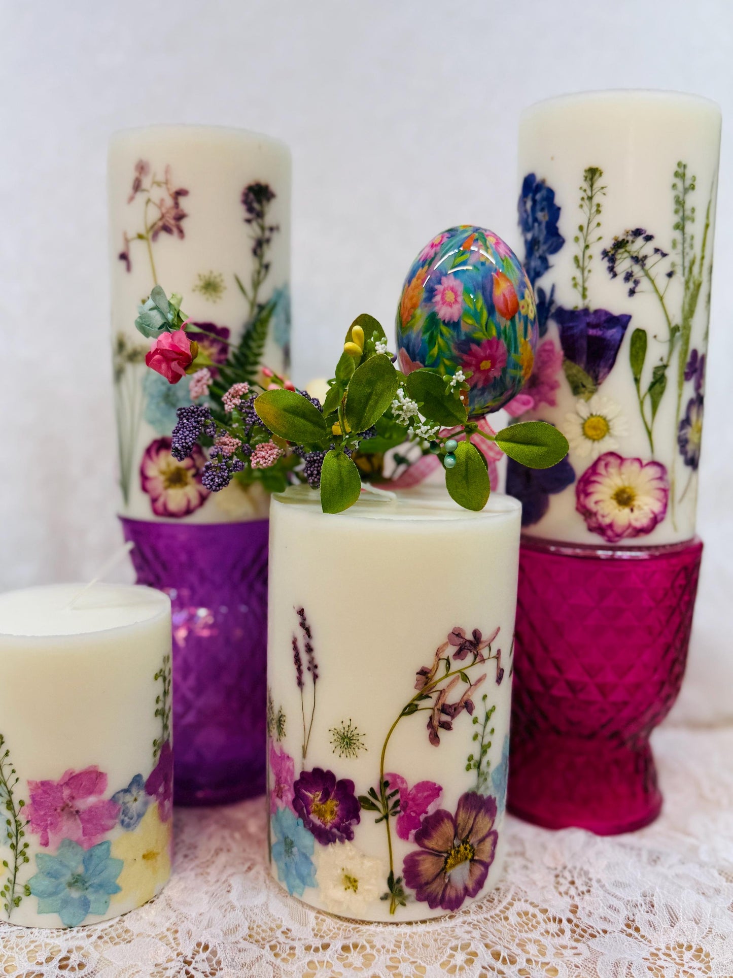 Spring Botanical Pillar Candles, Real Pressed Flowers, Decorative Home Decor PINK PURPLE YELLOW