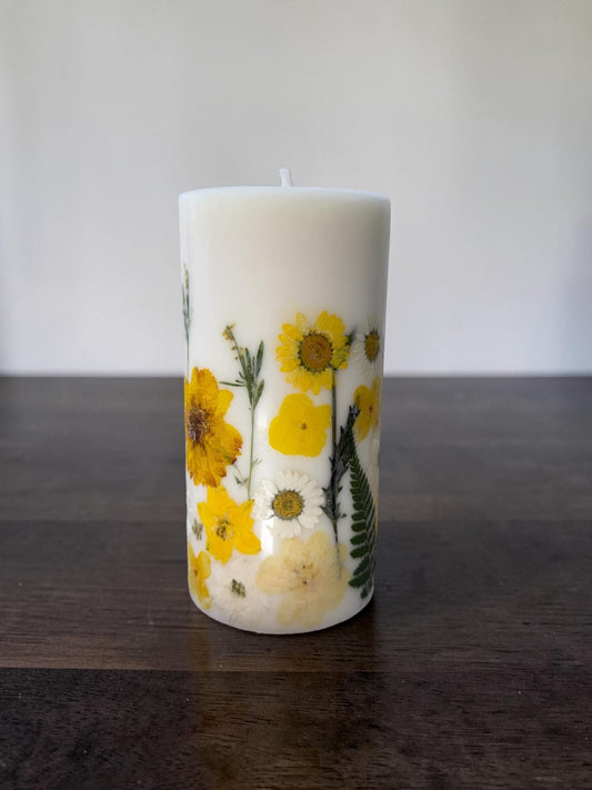 Yellow Pressed Flower Pillar Candle: Handmade Botanical Soy Wax Candle.