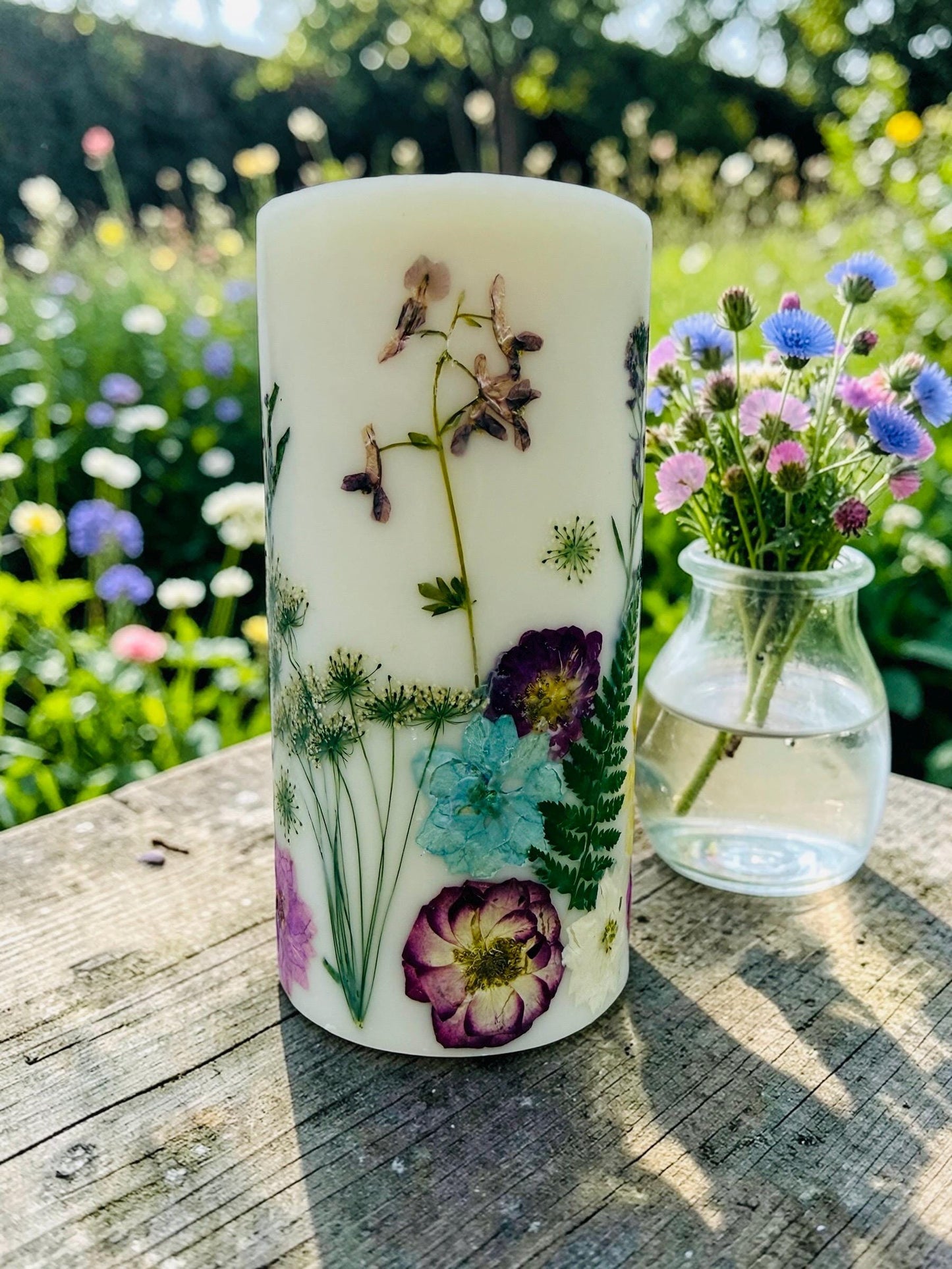 Spring Botanical Pillar Candles, Real Pressed Flowers, Decorative Home Decor PINK PURPLE YELLOW