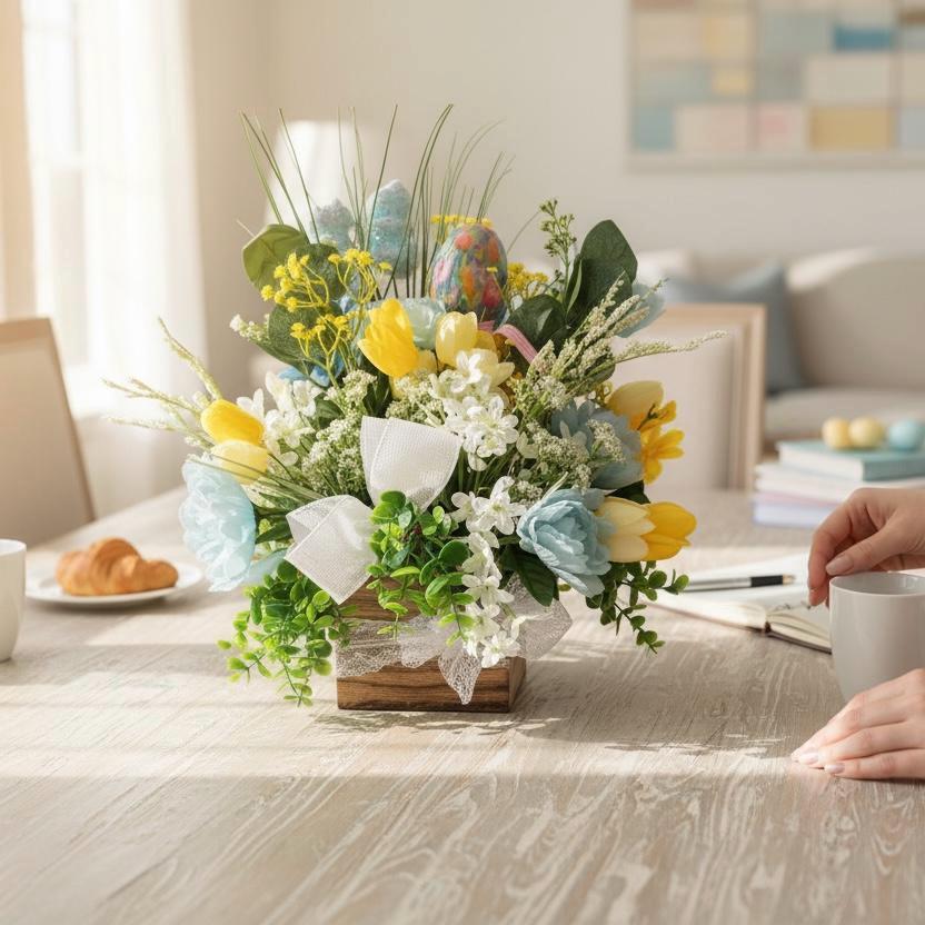 Easter Spring Faux Floral Arrangement with Bow Centerpiece Decoration featuring Yellow, Light Blue and Greens.