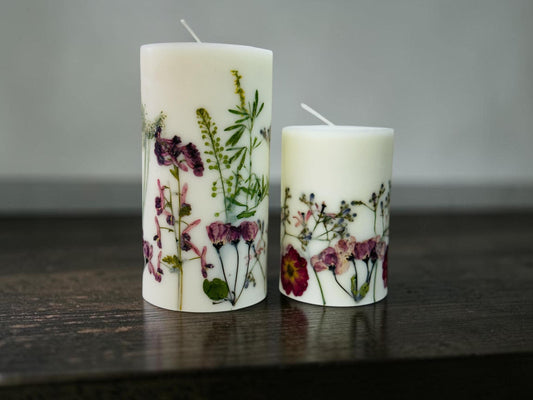 Handcrafted Botanical Pillar Candle with Pressed Wildflowers, Purple and Green Floral, 3.5x6.5 and 3x4.5 Inch