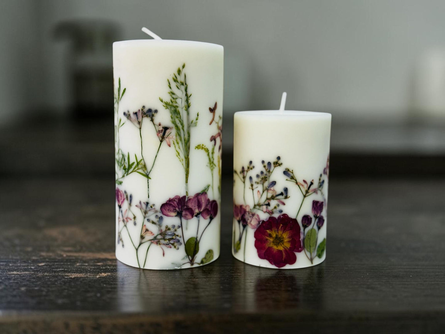 Handcrafted Botanical Pillar Candle with Pressed Wildflowers, Purple and Green Floral, 3.5x6.5 and 3x4.5 Inch