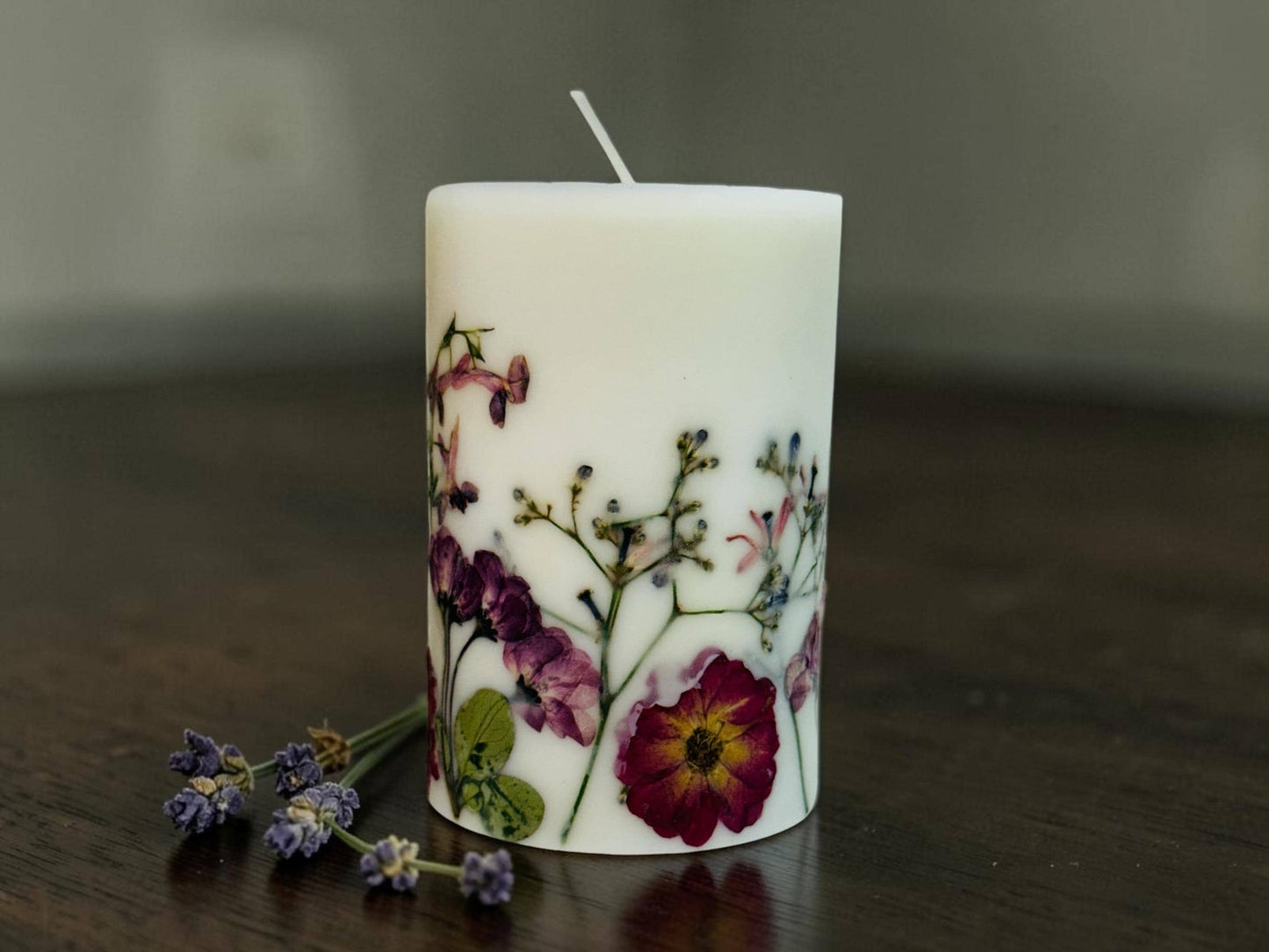 Handcrafted Botanical Pillar Candle with Pressed Wildflowers, Purple and Green Floral, 3.5x6.5 and 3x4.5 Inch
