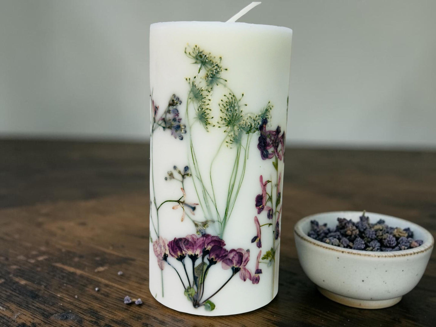 Handcrafted Botanical Pillar Candle with Pressed Wildflowers, Purple and Green Floral, 3.5x6.5 and 3x4.5 Inch