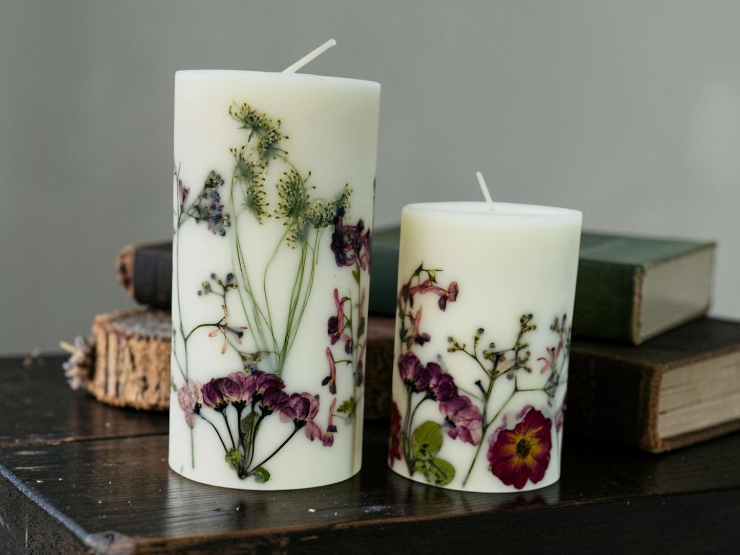 Handcrafted Botanical Pillar Candle with Pressed Wildflowers, Purple and Green Floral, 3.5x6.5 and 3x4.5 Inch