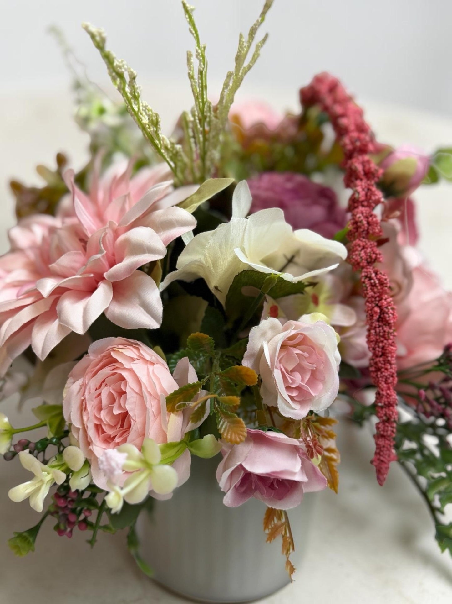 Lush Pink and Cream Arrangement measures 12" wide by 13" tall, in a charming glass jar.