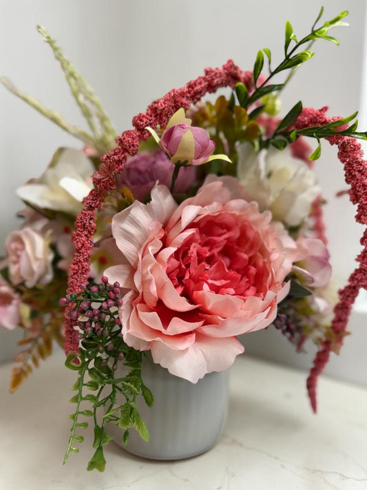 Lush Pink and Cream Arrangement measures 12" wide by 13" tall, in a charming glass jar.