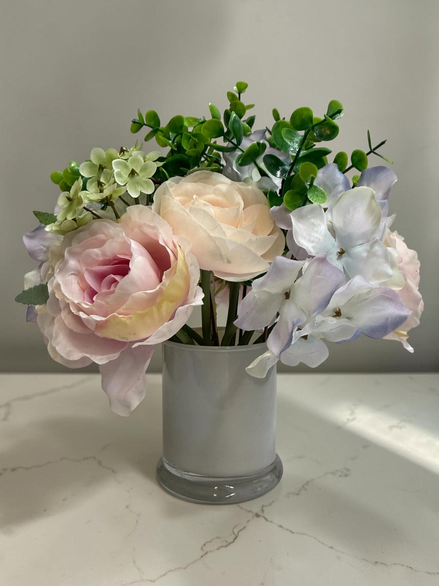 Faux Floral Arrangement in Gray Glass Jar, Pink, Purple, Blue and White Silk Roses and Hydrangeas, 10 inch x 11 Inch