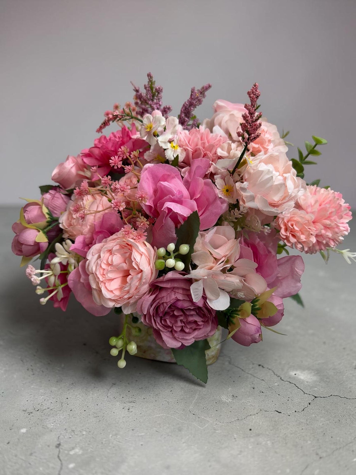 Artificial Pink Peony Rose Bouquet, Faux Flower Arrangement in Decorative Glass Jar, 13x12 Inch.