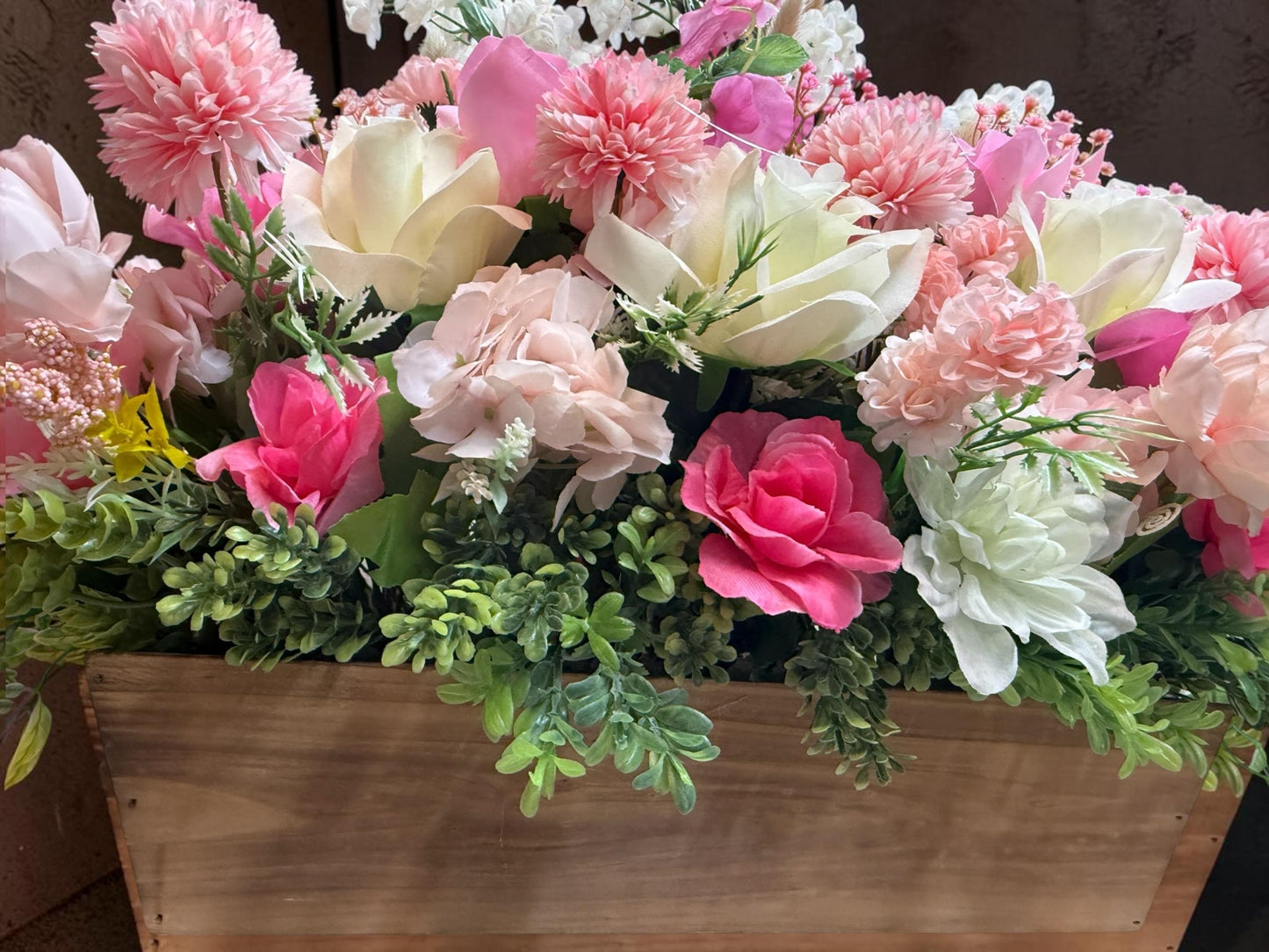Faux Pink Floral Arrangement in Wooden Box, Artificial Flower Decor, 28" x 21"