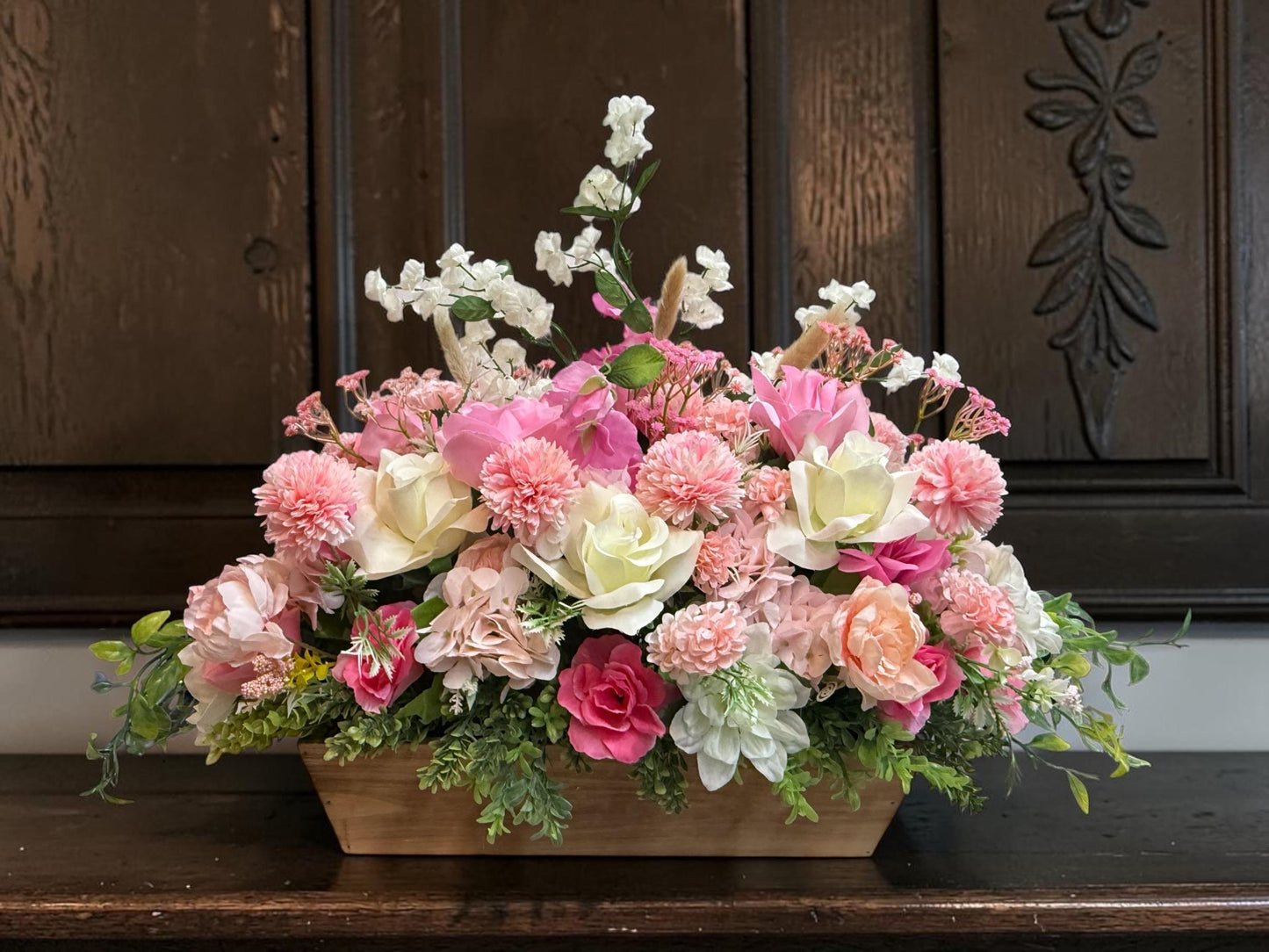 Faux Pink Floral Arrangement in Wooden Box, Artificial Flower Decor, 28" x 21"